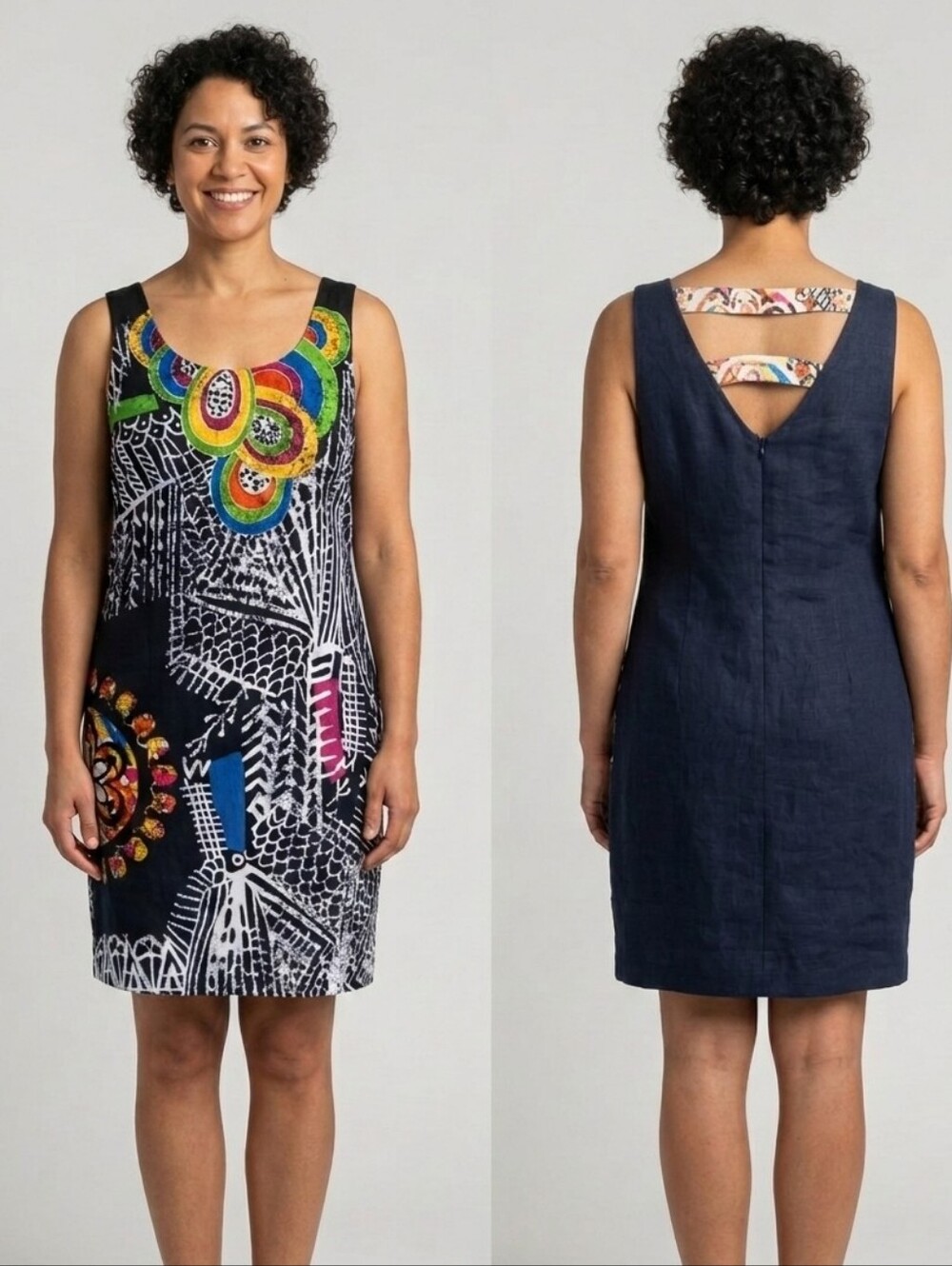Tricotto Sleeveless Multicoloured 100% Linen Dress Knee Length. Size M